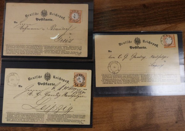 Drei saubere Postkarten von 1872+74 mit Brustschild EFs Nr.14(2) +18 je mit nachverw. glasklaren T+T