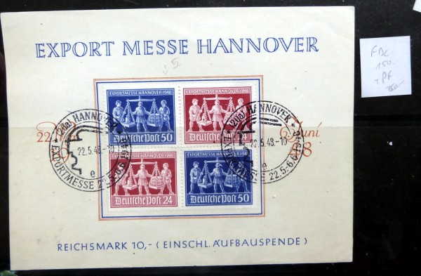 Hannover-Messe VZd1 Vierer-Block auf FDC-Karte (150,-), incl. dem seltenen Plattenf. 970 VI (+250,-)