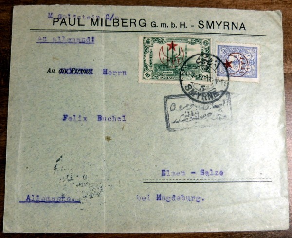 MiNr.415 +467 auf Brief 1917 aus Smyrna nach Elmen/Magdbg., rücks. rotes Verschluß-Siegel!