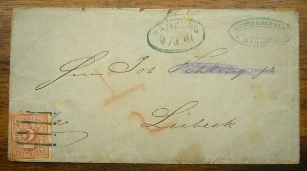 MiNr. 3, 2 S. rot breitrandig auf Brief nach Lübeck, übliche Patina, Mi. 900,-