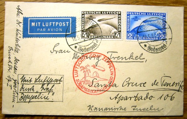 Südamerika-Fahrt MiNr.438+39 auf Zeppelin-Brief Südamerika-Fahrt 1930 nach Santa Cruz Teneriffa top