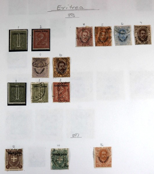 Eritrea (ital. Kolonie), */gest. Sammlung aus 1893-1936 auf 15 selbst gestalteten Blättern. Gesamt c