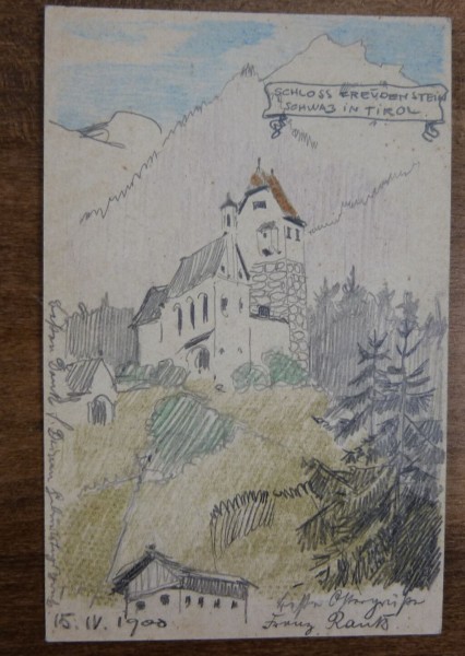 ARCHITEKTUR, original Zeichnung von Schloß Freudenstadt in Tirol (Blei- und Bundstift) vom Architekt
