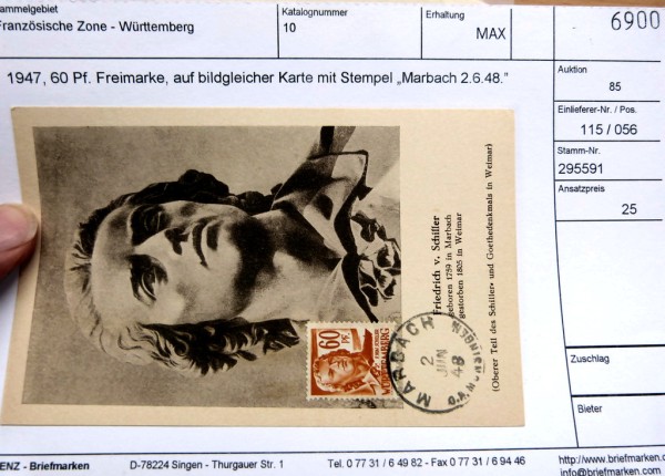 MiNr.10 'SCHILLER' auf bildgleicher Maxi-Karte aus Marbach 2.6.48! Schöner Motiv-Beleg!