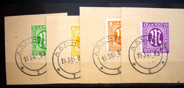 Aachen, MiNr.3,4,5+7 auf Briefstücken mit Eröffnungs-Stempel 19.3.45 Mi.140,-!