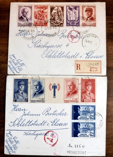 Zwei Bedarfsbrief aus 1943 nach Schlettstadt (Elsass), 1 Brief frank. mit Zdr. MiNr. 581-84 und 2 ma