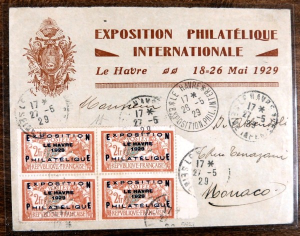 MiNr. 239 'Le Havre', gest. 4er-Block vom rechten Rand, auf illustriertem R-Brief der Briefmarkenaus