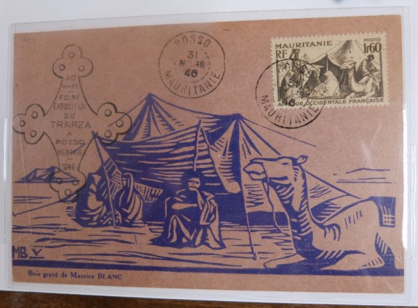 MAURITANIEN 1946 Maximumkarte zur Ausstellung mit Beduinen, Zelten, Kamel, 'Bois grave' Holzkarte! S