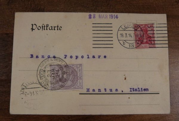 Germania 10Pfg 1914 auf Postkarte nach Italien, dort mit "Marca Bollo" 50c zufrankiert gest. Mantova