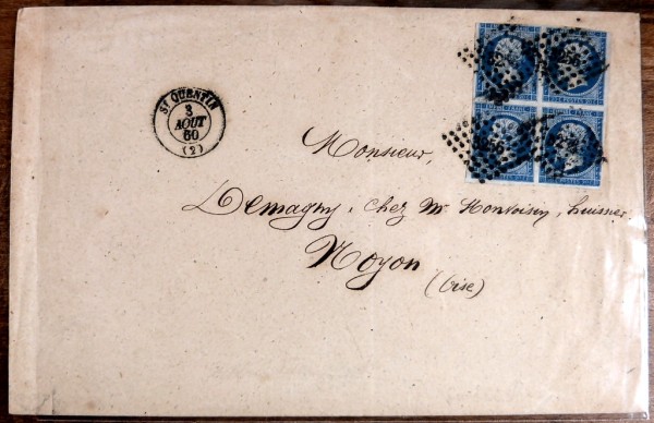 MiNr. 13 'Napoleon', Bedarfsbrief 1860 von St. Quentin nach Noyon, mit 4er-Block MiNr. 13 mit Punktr