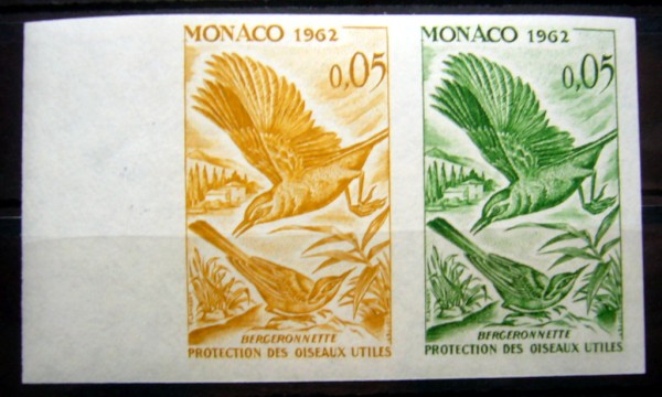 VOGEL-Motiv Monaco MiNr.700 U ** waag. Probedruck-Paar (grün+gelb) mit rücks. Archiv-Stempel des Pos