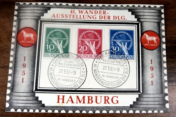 MiNr.68-70 herrlich mit SST auf der wunderschönen Sonderkarte der 41. Ausst. der DLG aus Hamburg, Bi