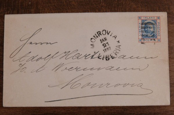 Liberia, Ganzsachenumschlag zu 3 Cent, gelaufen als Ortsbrief 'Monrovia 21.1.1892', sauber, selten!