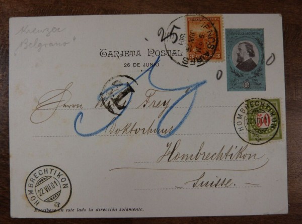 Argentinien Bild-Ganzsache (rücks. Kreuzer Belgrano) mit 3 c.zufrankiert 1901 in die Schweiz, 50Rp.