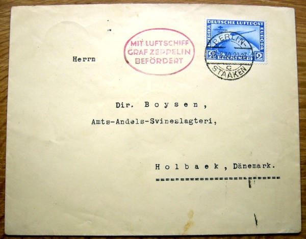 MiNr.438Y (2Mk Südamerika) auf Ostpreussenfahrt 1930 Si.80 Aufgabe Berlin-Staken, nach Holbeck/Dänem