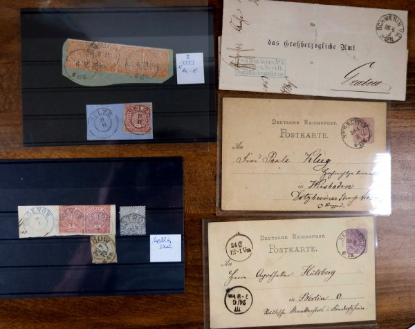 NDP drei Briefstücke mit nachverw. Stempeln Güstrow, Hagenow + Sulze, dabei ein Vierer-Streifen Nr.3