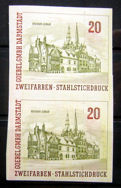 Essay von 1961 'Rathaus Lemgo' ungezähntes Paar ** ähnlich Göde V8 zweifarbig, Stahlstich, mit Insch