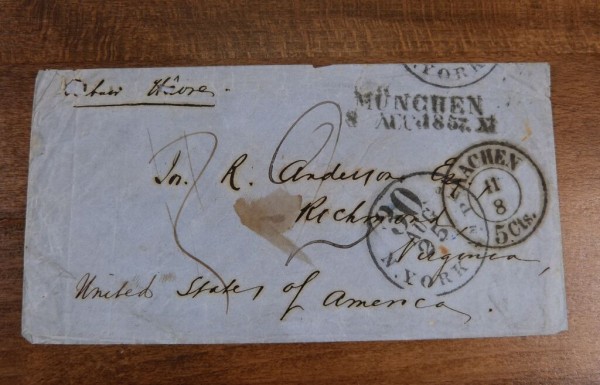 Transit-Brief nach USA gest. L2 München 8.Aug.1857 mit Aachen 5cts Tax-Stpl., N.York Transit nach Ri