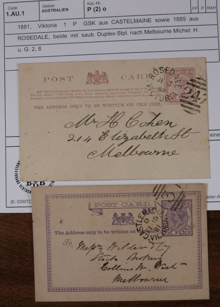 Australien, Viktoria 1 P. Ganzsache aus Castelmaine aus 1881 u. 1 P. Ganzsache aus Rosedale von 1889