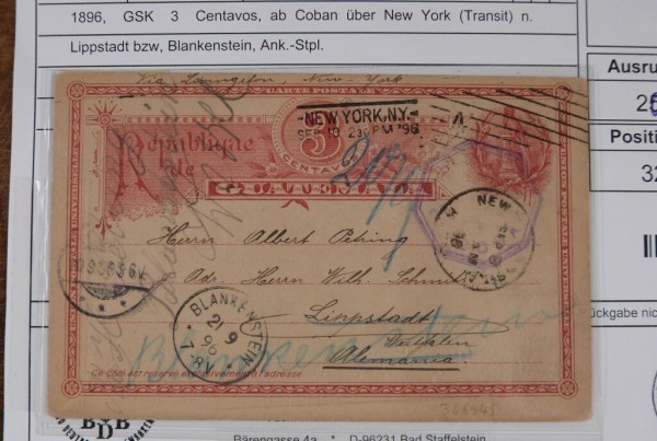 Guatemala, alte Ganzsache 3 Centavos von 1896, ab Coban über New York (Transit) nach Lippstadt bzw.
