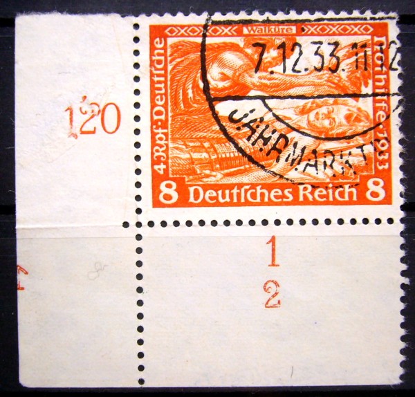MiNr.503 '8Pfg Wagner' mit Eckrand u.links und Platten-Nr.'1'+Formnummer '2', Marke einwandfrei und