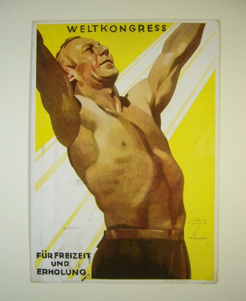 Hamburg 1936, Weltkongress für Freizeit und Erholung, farbige Künstlerkarte von Hohlwein gebraucht,
