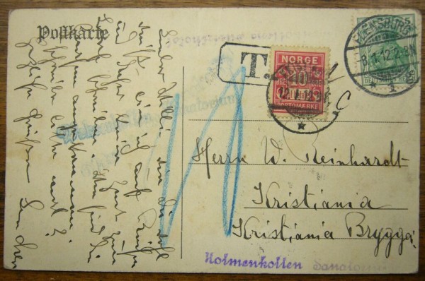 Postkarte aus Flensburg mit 5Pfg und 10 Öre Nachporto-Marke nach Norwegen, diverse Sanatoriums-Stemp