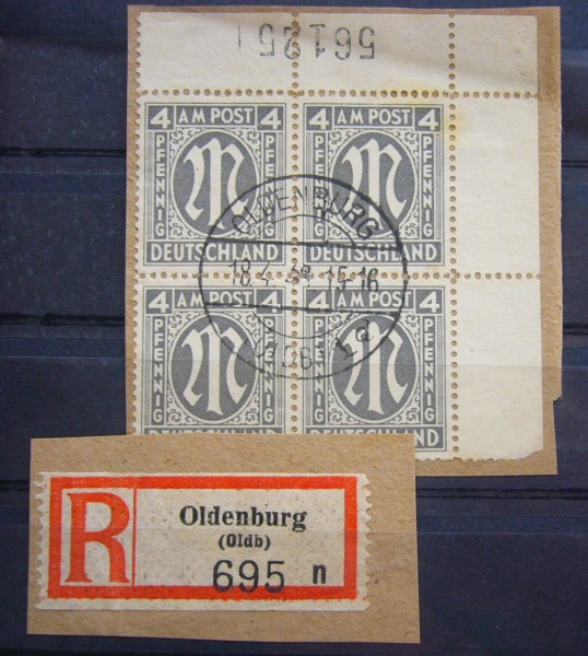 MiNr.11 als Eckrand 4er-Block o.re. mit kopfst. Bogen-Nummer, gest. Oldenburg, dazu R-Zettel, Mi. 15