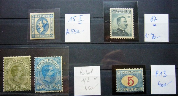 MiNr.15 I * (550,-), 87 * (70,-), Porto Höchstwert 5 Lira P13 * (400,-) und Paketmarken Nr.1+2 * (45