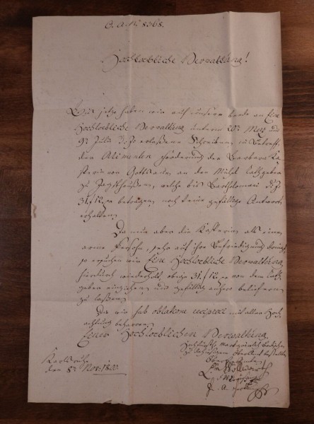 Altbrief vom 8.11.1800 vom Oberamt Karlsruhe an die Verwaltung in Jagsthausen wegen Alimente-Angeleg