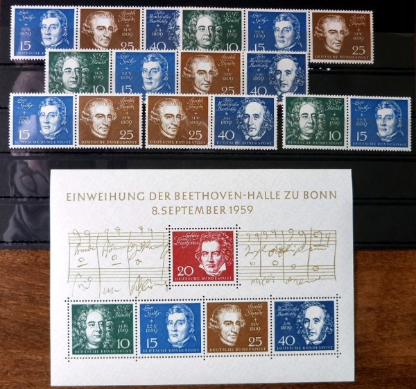 MiNr. 315-319 'Beethoven', ** Partie von 6 versch. waagr. Zdr. aus dem Block plus Block 2!