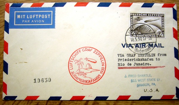 MiNr.439X (4Mk Südamerika-Fahrt) top sauber auf Lupo-Brief Sieger 57 Abwurf Rio nach USA, gpr., Mi.5