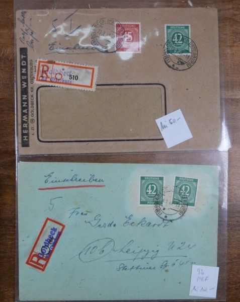 Minr.930 (42Pf) zwei R-Briefe aus GOLDBECK Kr.Osterburg mit MEF (etwas verfäbt durch Marken-Gummi 10