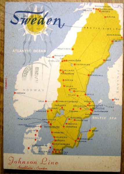 Ansichtskarte 'Johnson Line' mit allen Bahn-Routen in Skandinavien, 1954 gelaufen, farbig, top saube