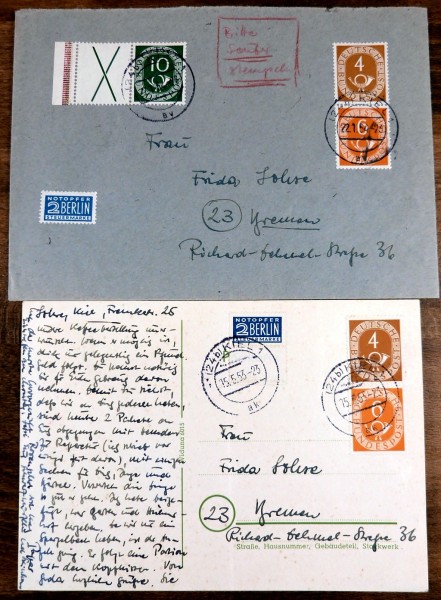 Zd-MiNr. W 1 und S 1 auf Bedarfsbrief u. 1 Postkarte, von Kiel nach Bremen, sauber gest., Mi. 120.-!