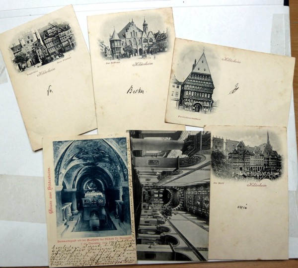 HILDESHEIM, 13 gelaufene Karten aus 1896-1903, dabei schöne Serie von 4 Karten s/w von 1896 mit rück