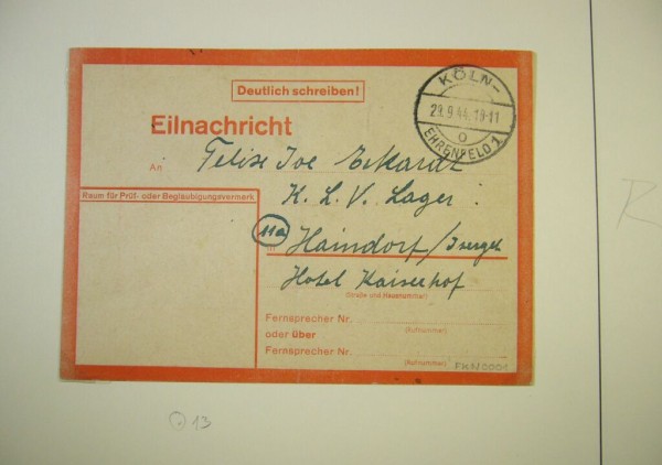 Feldpost-Eilnachricht/Auftrag, Sammlung von 4 Belegen mit 2 gebrauchten Karten Lebenszeichen grün un