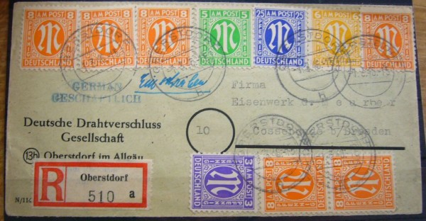 R-Brief ex Nr.1-9 Oberstdorf (Allg.) n. Cossebaude/Dresd. mit MIF 3,5,6+25Pfg + 8Pfg(6) mit 87Pfg mi
