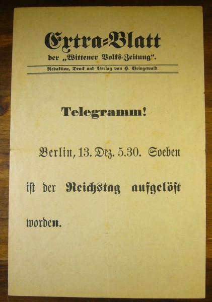 Vorgedrucktes Telegramm der Wittener Volkszeitung von 1906 'Berlin, 13 Dez. 5.30, soeben ist der Rei