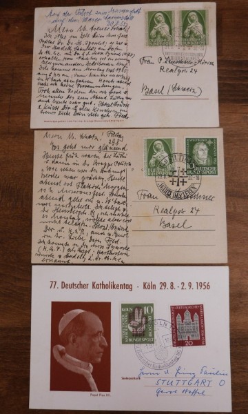 Kirche, 2 Karten zum Dt. Evangelischen Kirchentag 1952, 1 mal MiNr. 151 als MF nach Basel (110.-) u.