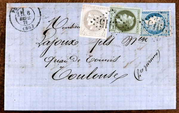 Seltener Bedarfsbrief von 1871 mit 3 Farben Mischfrankatur mit Minr. 24, 34 u. 38 (Ceres Bordeaux),