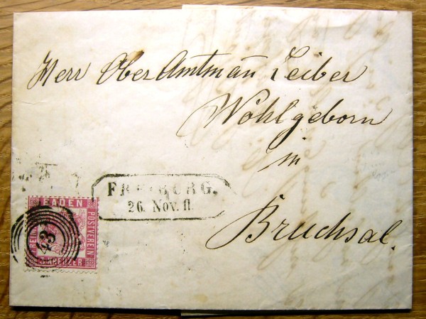 MiNr. 16, die seltene 3 Kr. sauber auf Faltbrief von Freiburg nach Bruchsal, Mi. 500,-