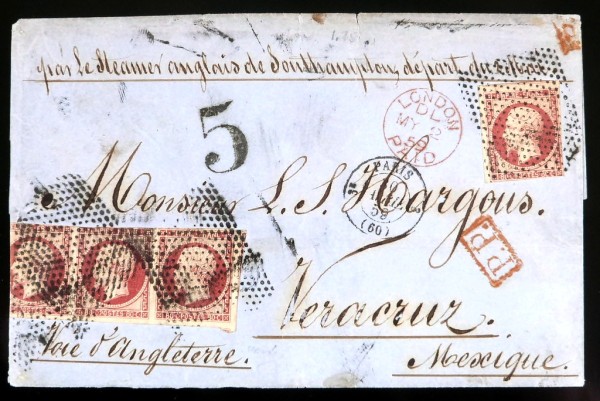 MiNr. 16 'Napoleon', 3er-Streifen u. Einzelmarke auf seltenem Überseebeleg von Paris nach Veracruz (