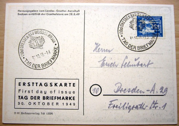 Goethe, seltene farbige Ansichtskarte zum Goethe-Jahr 1949 zum Tag der Briefmarke 30.10.1949, franki